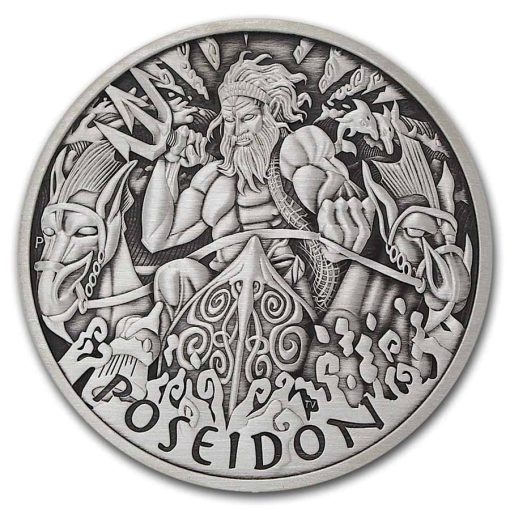 2021 (New) Tuvalu Gods of Olympus「Poseidon」Antiqued 1 oz .999 Silver $1 Coin