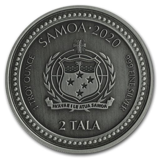 2020 (New) Samoa serpent 1 oz 99.9% Pure Silver Coin (Antique Finish) - Image 2