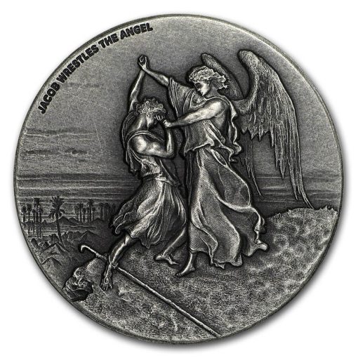 2017 (New) Bible Series Israel Patriarch Jacob Wrestles Angel 2 oz Silver 62.2g Coin