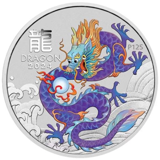 2024 (New) Australian Lunar Year of the Dragon Purple Dragon Silver 1 oz Color Coin