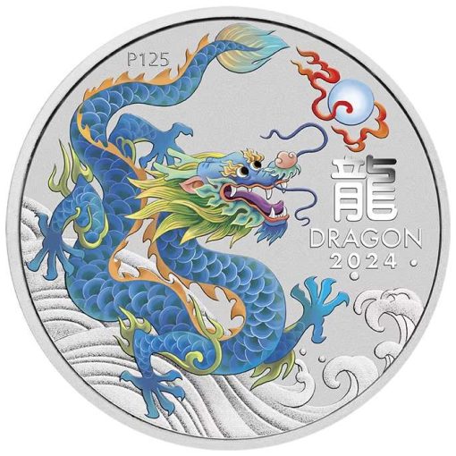 2024 (New) Australian Lunar Year of the Dragon Teal Dragon Silver 1 oz Color Coin