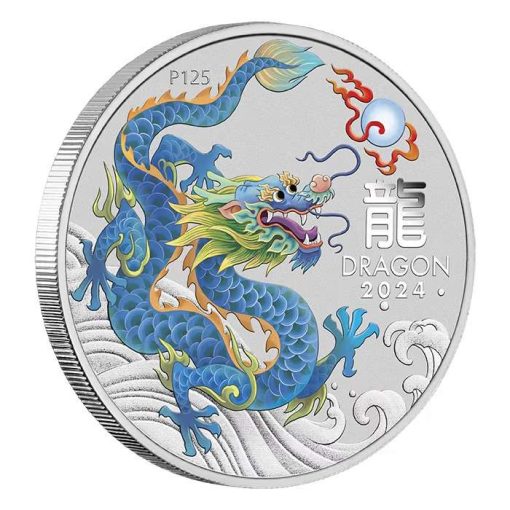 2024 (New) Australian Lunar Year of the Dragon Teal Dragon Silver 1 oz Color Coin - Image 3