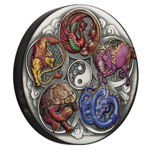 2024 (New) Tuvalu Five Ancient Auspicious Creatures Silver 5 oz Antique Color Coin - Image 3