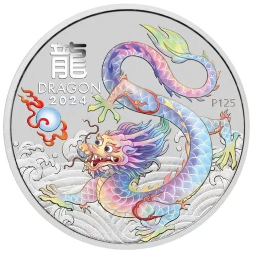 2024 (New) Australian Lunar Year of the Dragon White Dragon Silver 1/2 oz Color Coin