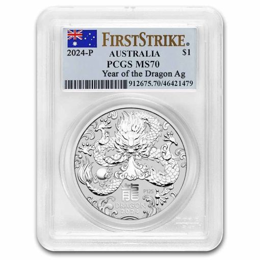 2024 (New) Australian Lunar Year of the Dragon Silver 1 oz Coin PCGS MS70 (FirstStrike, Flag Label)