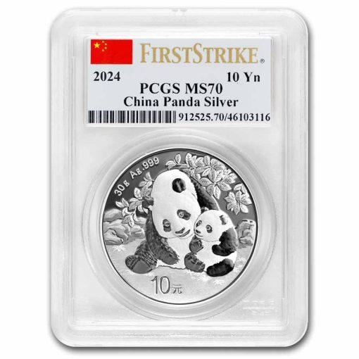 2024年 (新品) 中国「パンダ」純銀 30グラム 銀貨 PCGS MS70 (ファーストストライク、国旗ラベル)