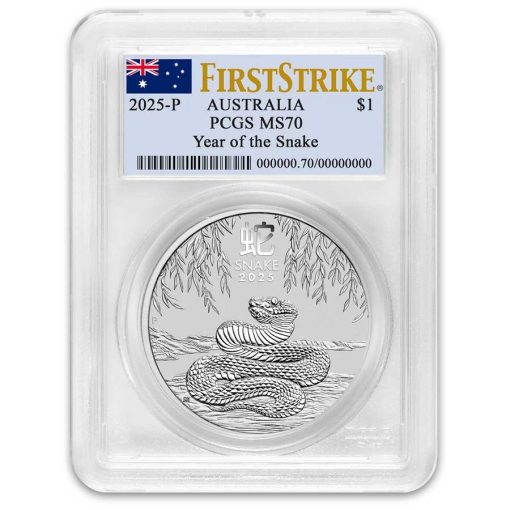 2025年 (新品) オーストラリア「 干支 十二支・巳年 蛇年」純銀 1オンス 銀貨 PCGS MS70 (ファーストストライク、国旗ラベル)