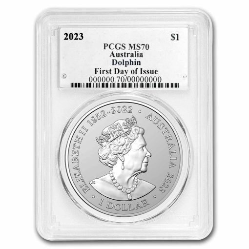 2023年 (新品) オーストラリア「荒歯イルカ・ドルフィン」純銀 1オンス 銀貨 PCGS MS70 (発行初日) - 画像 (2)